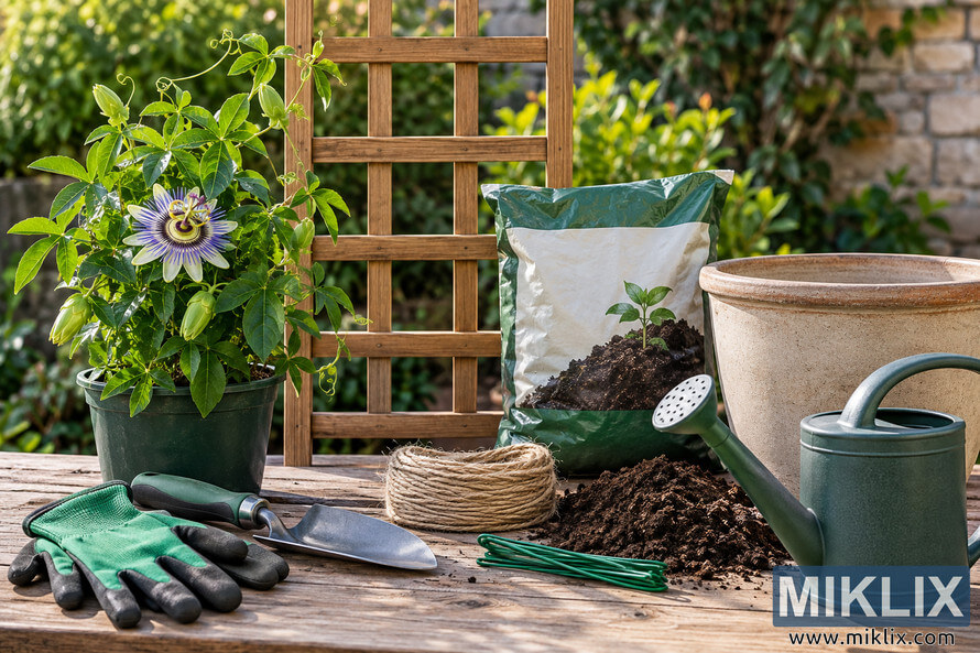 Passionflower vine beside a wooden trellis with potting soil, planter, watering can, gloves, trowel, twine and plant ties on a garden table. Passionflower vine beside a wooden trellis with potting soil, planter, watering can, gloves, trowel, twine and plant ties on a garden table.