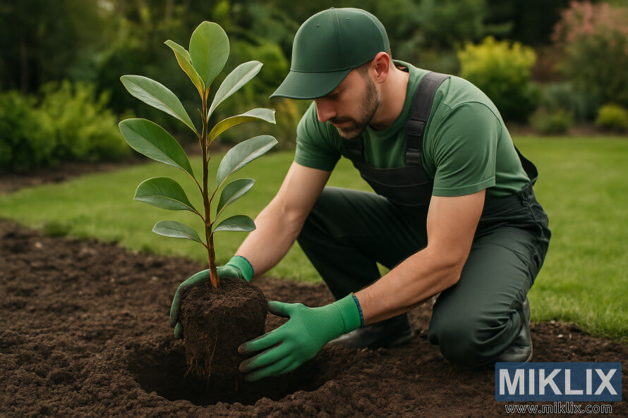 Un jardinier sâagenouille dans un plate-bande, plantant soigneusement un jeune magnolia avec des gants verts et une terre riche autour du trou. Un jardinier sâagenouille dans un plate-bande, plantant soigneusement un jeune magnolia avec des gants verts et une terre riche autour du trou.