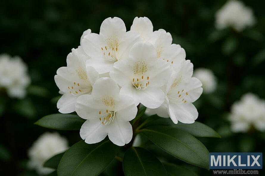 Gros plan sur un rhododendron Boule de Neige avec des fleurs blanches pures et des taches dorÃ©es.
