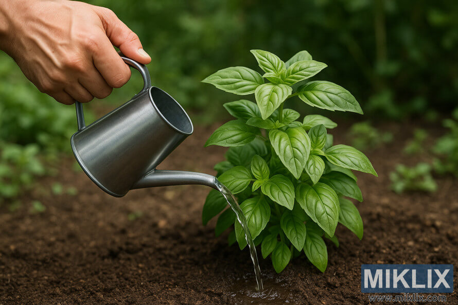 Regando manualmente uma planta de manjericão pela base com um pequeno regador de metal. Regando manualmente uma planta de manjericão pela base com um pequeno regador de metal.