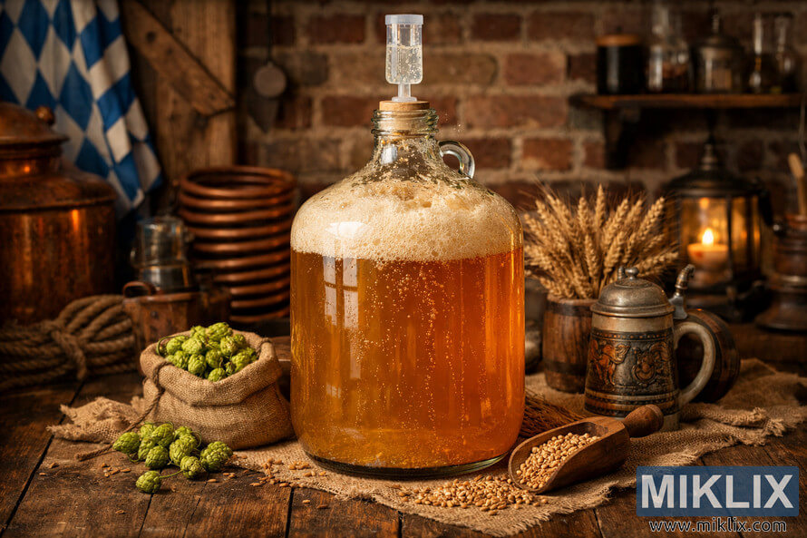 A glass carboy filled with fermenting German ale sits on a rustic wooden table surrounded by hops, barley, and traditional brewing tools in a cozy German homebrewing environment. A glass carboy filled with fermenting German ale sits on a rustic wooden table surrounded by hops, barley, and traditional brewing tools in a cozy German homebrewing environment.