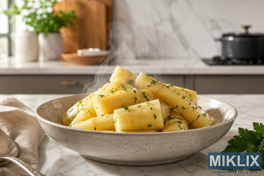 A landscape photo showing a ceramic bowl of freshly steamed parsnips garnished with chopped herbs on a light stone kitchen counter, with visible steam, a folded kitchen towel, parsley, and a softly blurred modern kitchen in the background illuminated by warm natural daylight. A landscape photo showing a ceramic bowl of freshly steamed parsnips garnished with chopped herbs on a light stone kitchen counter, with visible steam, a folded kitchen towel, parsley, and a softly blurred modern kitchen in the background illuminated by warm natural daylight.