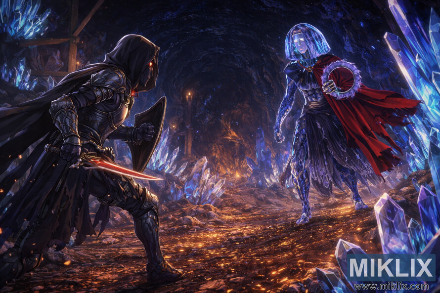 Arte de fÃ£ em estilo anime da armadura Faca Maculada em Preto enfrentando o chefe Cristalino dentro da caverna de cristal azul brilhante do TÃºnel de Cristal de Raya Lucaria.