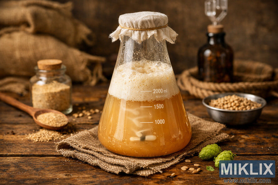 An Erlenmeyer flask containing a frothy brewer’s yeast starter sits on a rustic wooden table surrounded by brewing ingredients and warm natural light.