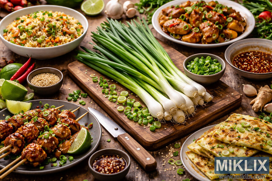 Fresh scallions on a wooden cutting board surrounded by fried rice, skewers, pancakes, and sauces on a rustic table.