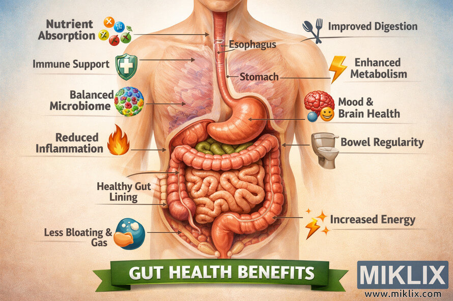 Infographic of a human digestive system with labeled organs and icons highlighting gut health benefits such as nutrient absorption, immune support, balanced microbiome, reduced inflammation, improved digestion, enhanced metabolism, mood and brain health, bowel regularity, less bloating and gas, and increased energy, all centered around a semi-transparent torso and a green banner reading GUT HEALTH BENEFITS.