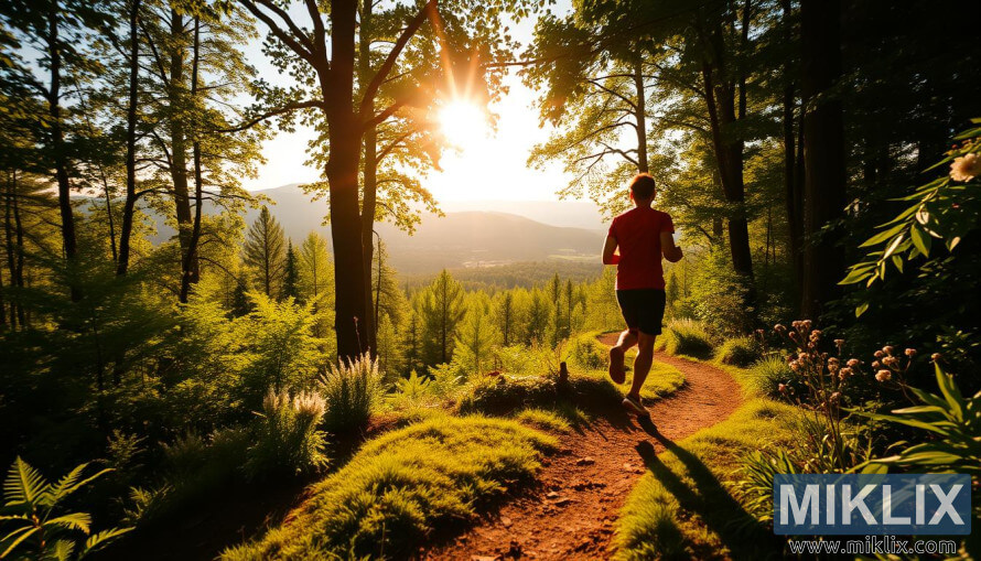 Person, der gÃ¥r pÃ¥ en solbeskinnet skovsti omgivet af frodige trÃ¦er og vilde blomster.