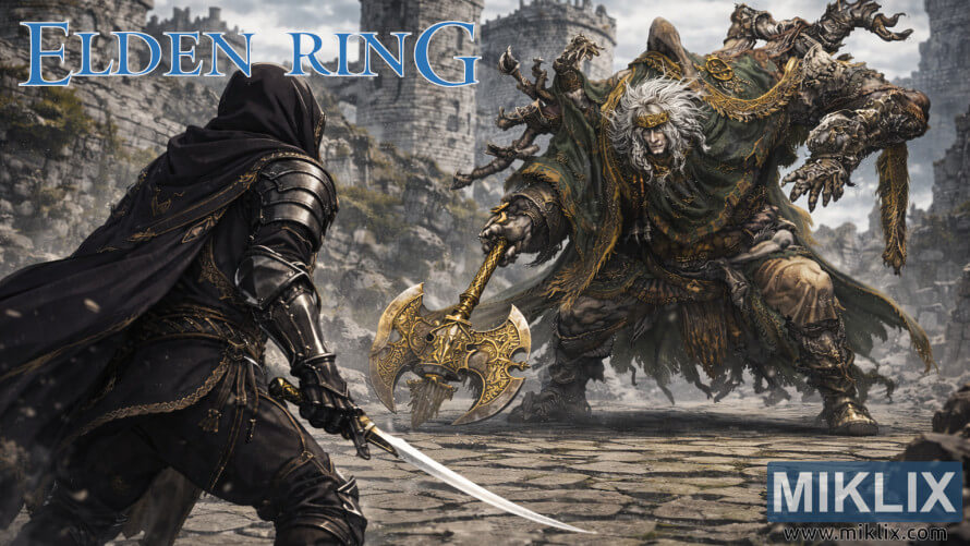 Dark fantasy Elden Ring fan art showing the Tarnished in Black Knife armor confronting Godrick the Grafted with his golden axe in Stormveil Castle. Dark fantasy Elden Ring fan art showing the Tarnished in Black Knife armor confronting Godrick the Grafted with his golden axe in Stormveil Castle.