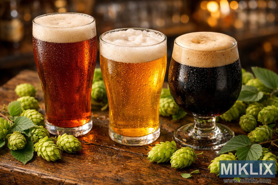 Three glasses of beerâamber lager, golden pale ale, and dark stoutâon a rustic wooden table with fresh green hop cones, warmly lit with a softly blurred bar background.