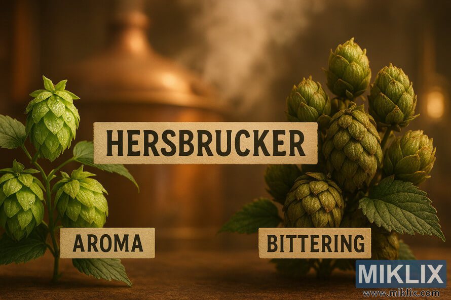 Dva grozda hmelja Hersbrucker s oznakama aroma i bittering s kotlom za kuhanje u pozadini