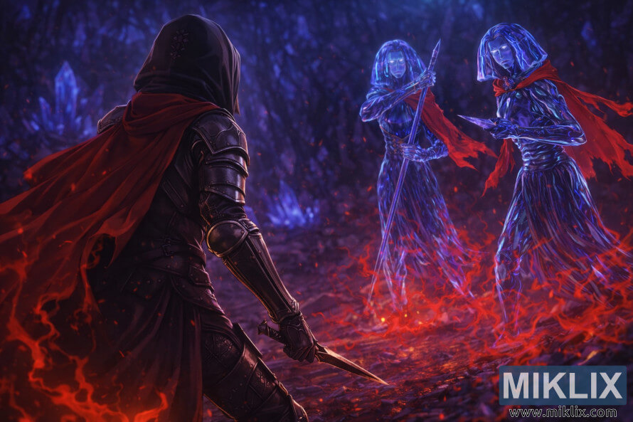 Anime-style fan art showing the Tarnished in Black Knife armor from behind, cautiously facing two glowing Crystalian bosses inside Elden Ringâs Academy Crystal Cave just before combat.