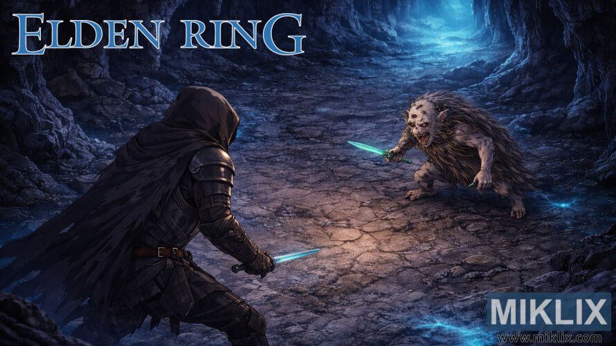 Fan art of Tarnished in Black Knife armor battling Demi-Human Swordmaster Onze in Belurat Gaol