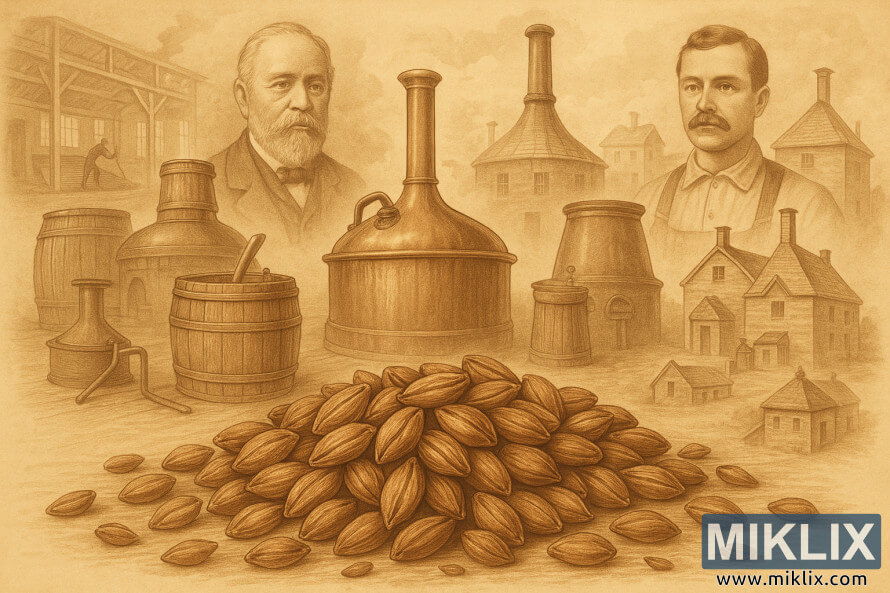 Ilustrasi kuno butiran malt coklat pucat dengan peralatan pembuatan bir bersejarah dan pemandangan sepia.