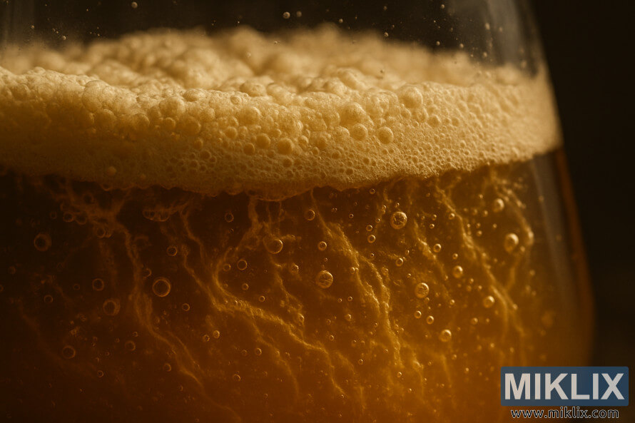 Kusa da yisti na ale na Belgian yana yin ferment a cikin akwati na gilashi tare da kumfa yana tashi.