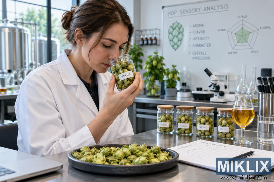 Brewing laboratory professional smelling green hop cones from a sample jar during a structured sensory aroma evaluation, with labeled hop samples, sensory notes, laboratory equipment, and a glass of beer on the workbench. Brewing laboratory professional smelling green hop cones from a sample jar during a structured sensory aroma evaluation, with labeled hop samples, sensory notes, laboratory equipment, and a glass of beer on the workbench.