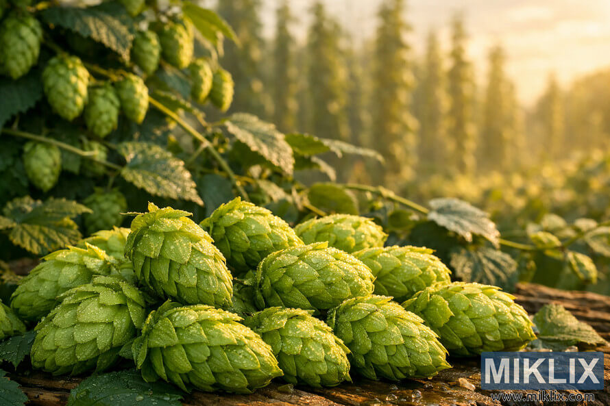 Close-up of fresh Coigneau hop cones covered in morning dew, arranged in the foreground with lush vines and a softly blurred hop field glowing in golden sunrise light.