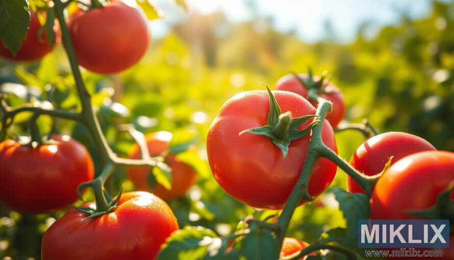 Close-up of ripe red tomatoes with dewdrops in a sunlit garden setting.