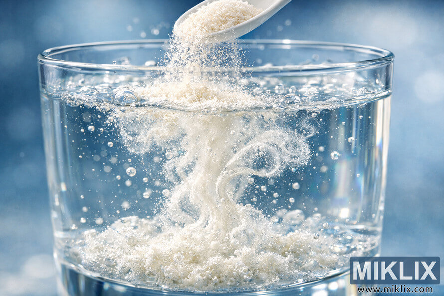 Macro illustration of soluble fiber powder being poured from a white spoon into a clear glass of water, showing swirling, translucent fiber strands, tiny bubbles, and a gel-like mass forming at the bottom of the glass against a cool blue, blurred background.