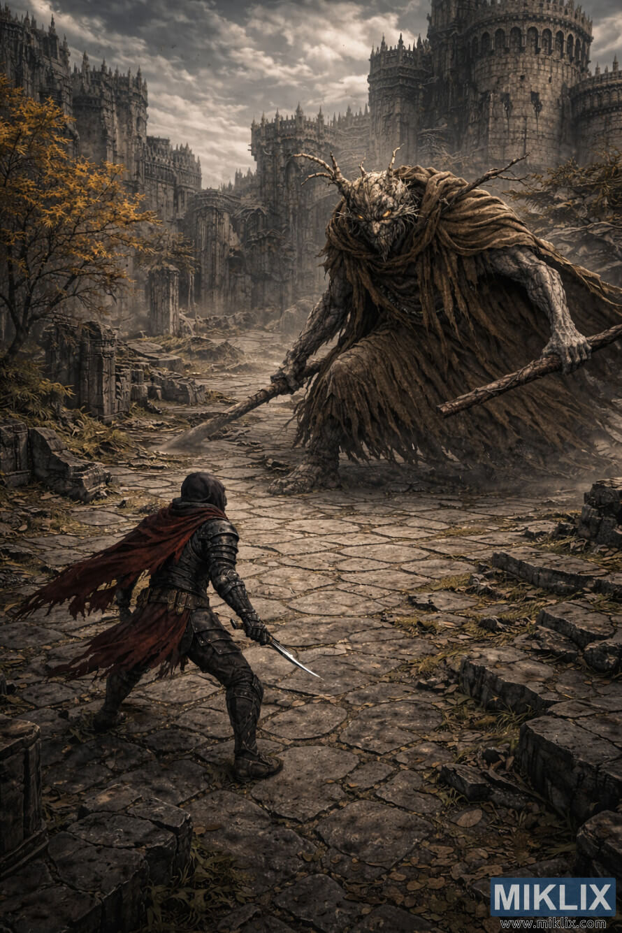 Elevated isometric dark-fantasy scene of an armored warrior facing a towering horned monster in a vast gothic castle courtyard under storm clouds.