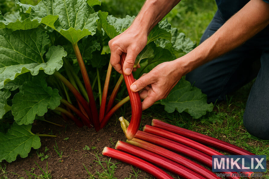 Hands harvesting rhubarb stalks with a twisting motion in a garden