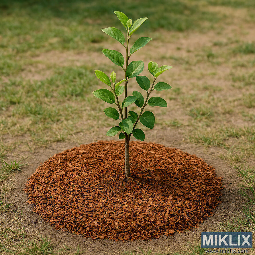 Young quince tree with circular mulch ring in a garden setting