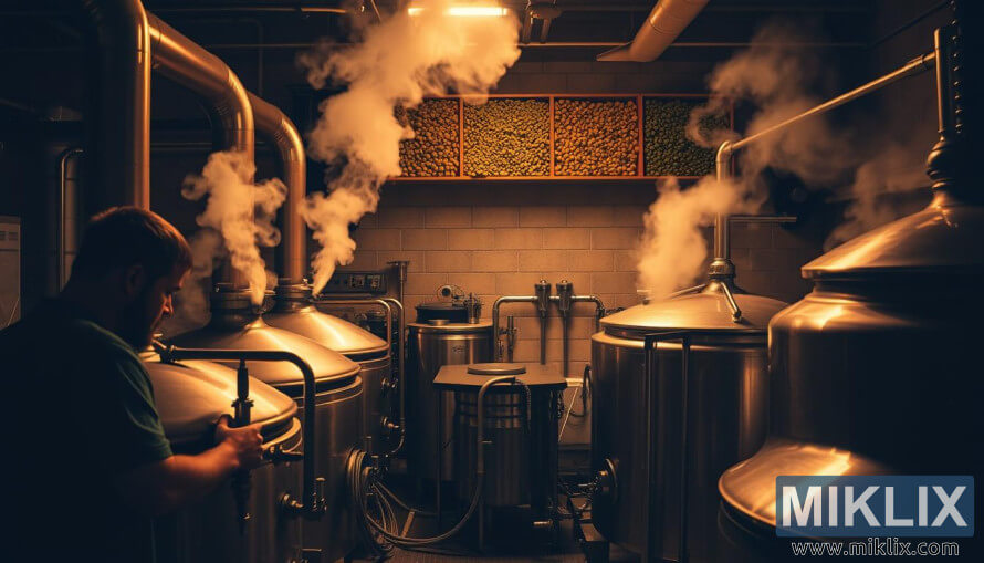 Brewer monitors copper kettles in a dimly lit brewhouse with steam, brewing equipment, and shelves of hops in warm light.