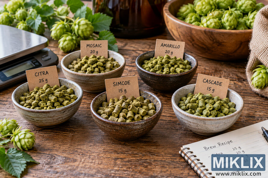 Landscape photo of measured hop pellets in ceramic bowls with fresh hop cones, a digital scale, brewing vessels, and a handwritten recipe notebook on a rustic wooden table. Landscape photo of measured hop pellets in ceramic bowls with fresh hop cones, a digital scale, brewing vessels, and a handwritten recipe notebook on a rustic wooden table.