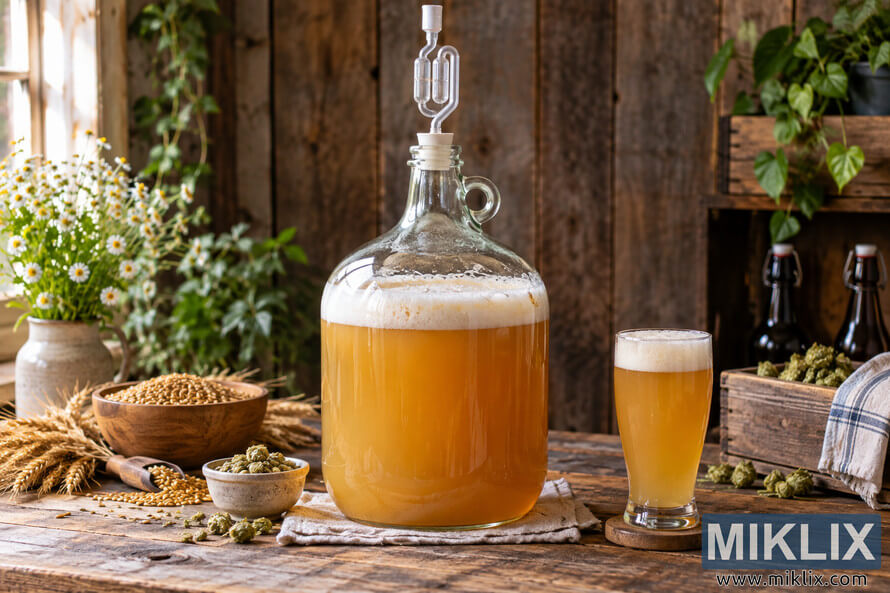 Glass carboy of cloudy golden wheat ale fermenting on a rustic wooden table with an airlock, hops, grain, wheat stalks, flowers, and a foamy beer. Glass carboy of cloudy golden wheat ale fermenting on a rustic wooden table with an airlock, hops, grain, wheat stalks, flowers, and a foamy beer.