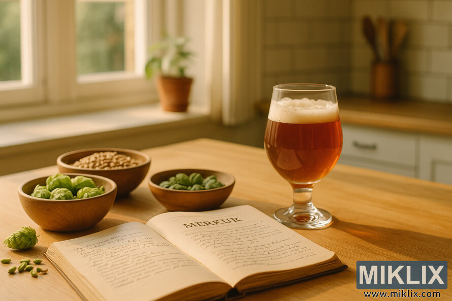 Varmt upplyst kÃ¶ksbÃ¤nk med ett glas bÃ¤rnstensfÃ¤rgad Ã¶l, skÃ¥lar med humle och korn och en Ã¶ppen Merkur-kokbok fylld med handskrivna anteckningar, allt badande i naturligt ljus frÃ¥n nÃ¤rliggande fÃ¶nster.
