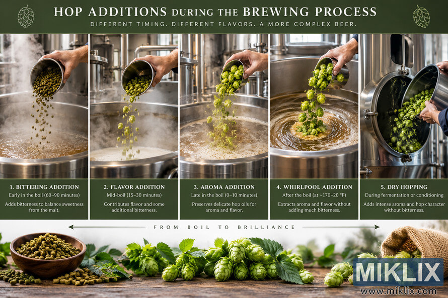 Landscape brewing infographic showing five stages of hop additions: bittering, flavor, aroma, whirlpool, and dry hopping, with green hops being added to stainless-steel brewing vessels and fresh hop cones and pellets arranged along the bottom.