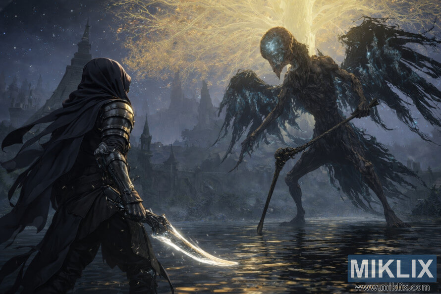 Anime stiliaus Elden Ring gerbÄjÅ³ pieÅ¡inys, kuriame kairÄje pusÄje iÅ¡ uÅ¾pakalio pavaizduotas Tarnishedas, atsisukÄs Ä¯ milÅ¾iniÅ¡kÄ Mirties apeigÅ³ paukÅ¡tÄ¯ su lazda uÅ¾tvindytame Akademijos vartÅ³ miestelyje po Erdtree.