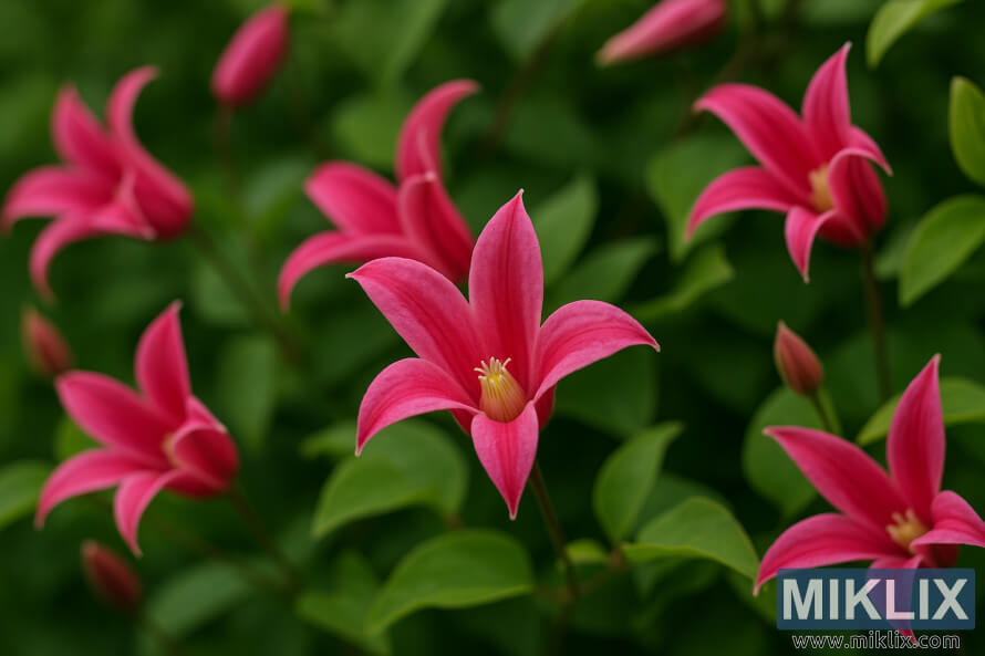 Gros plan dÃ©taillÃ© des fleurs roses en forme de tulipe de clÃ©matite Â« Princess Diana Â» sur un feuillage vert luxuriant.