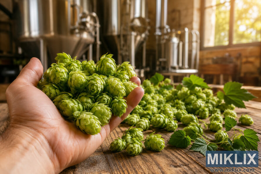 Close-up of a hand holding fresh green Buket hops on a rustic wooden table in a warmly lit brewery with blurred stainless steel tanks in the background.
