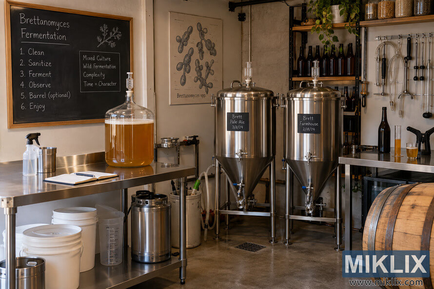 Dedicated Brettanomyces homebrewing room with two stainless conical fermenters, an amber-filled glass carboy, brewing tools, bottles, buckets, and a wooden barrel. Dedicated Brettanomyces homebrewing room with two stainless conical fermenters, an amber-filled glass carboy, brewing tools, bottles, buckets, and a wooden barrel.