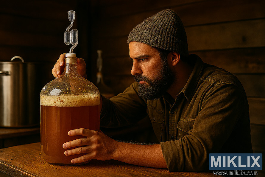 Home barbut en un taller rústic controlant la fermentació de cervesa en una garrafa de vidre amb airlock Home barbut en un taller rústic controlant la fermentació de cervesa en una garrafa de vidre amb airlock
