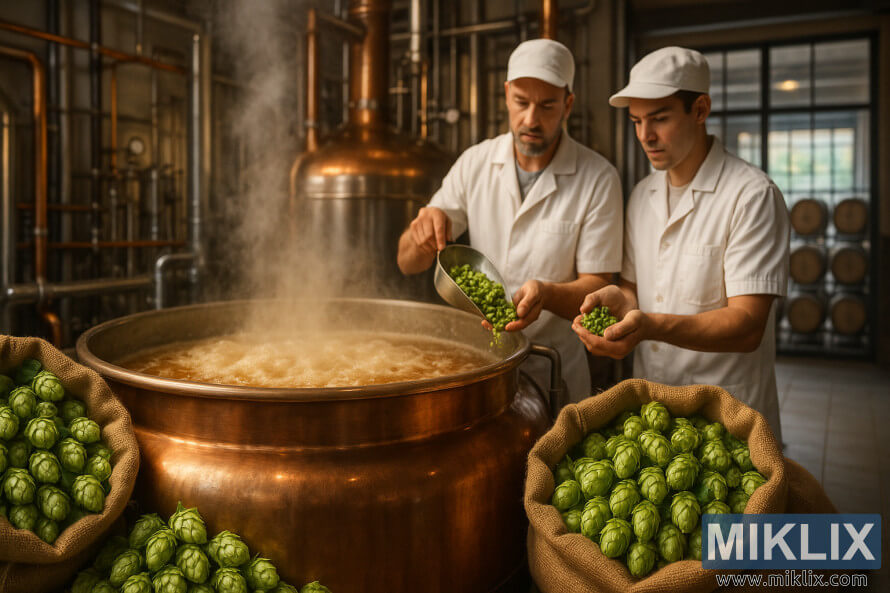 Burlap sacks of Hersbrucker hops beside brewers adding them to a boiling kettle in a modern, warmly lit brewery.