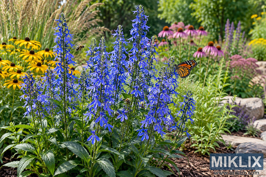 Blue Great Blue Lobelia flower spikes in a sunny pollinator garden with a butterfly, bees, yellow flowers, pink coneflowers, grasses, and stone edging. Blue Great Blue Lobelia flower spikes in a sunny pollinator garden with a butterfly, bees, yellow flowers, pink coneflowers, grasses, and stone edging.