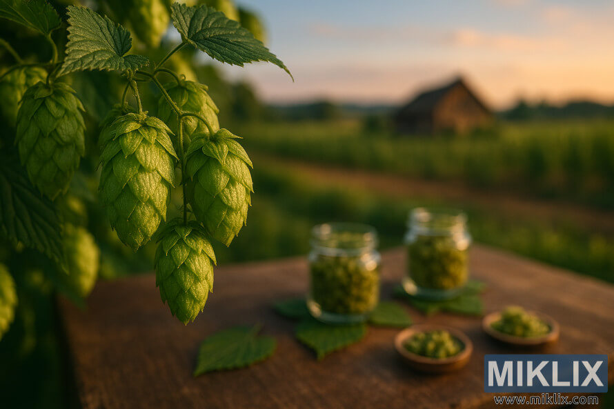 Pamje nga afÃ«r e koneve tÃ« freskÃ«ta tÃ« humulÃ«s Lubelska me tavolinÃ« rustike dhe fermÃ« tÃ« paqartÃ« humule nÃ« sfond