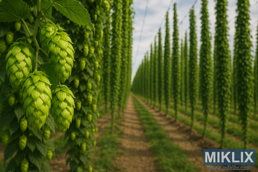 Gambar jarak dekat kon hop Sorachi Ace hijau dengan barisan hop bertali tinggi terbentang ke latar belakang.