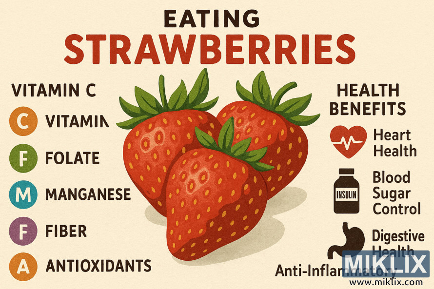 IlustraciÃ³n que muestra fresas con nutrientes etiquetados y beneficios para la salud.