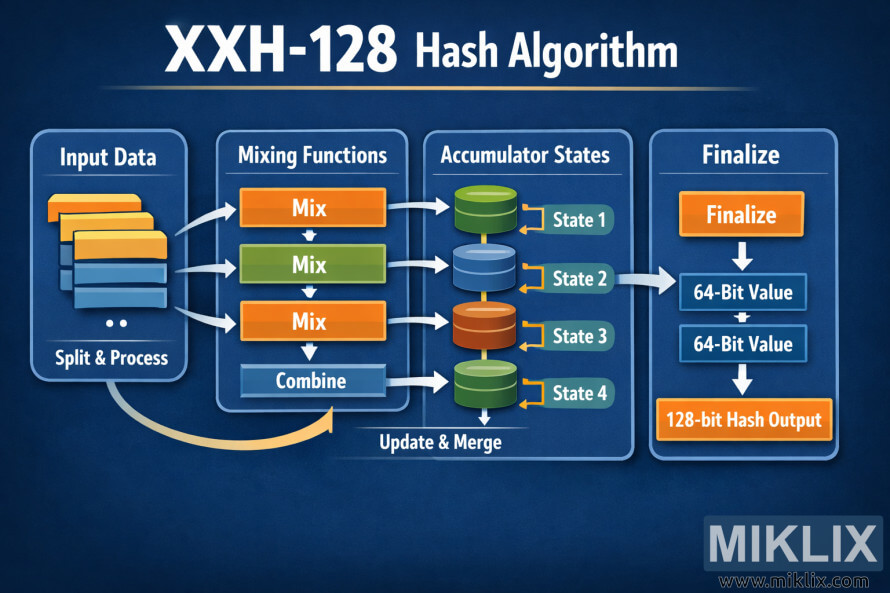 Infografis lanskap yang menunjukkan alur algoritma hash XXH-128 dari data masukan melalui keadaan pencampuran dan akumulator hingga keluaran akhir 128-bit.