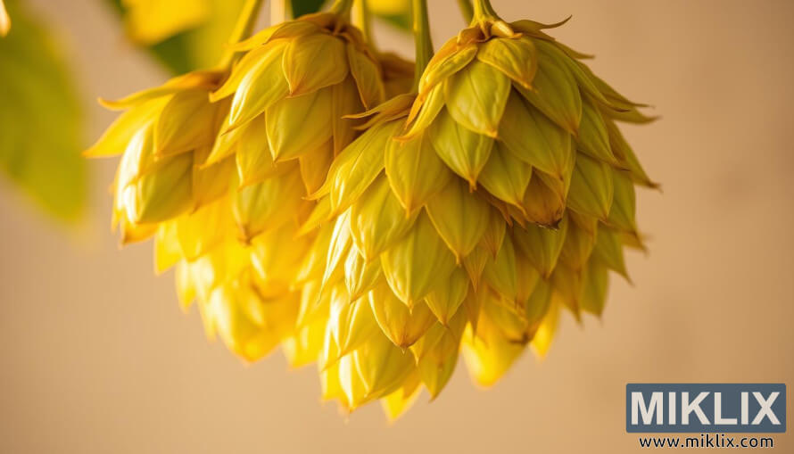 Tutup-up congcot hop emas-hÃ©jo kalayan daun tÃ©kstur dina cahaya haneut ngalawan latar anu kabur.