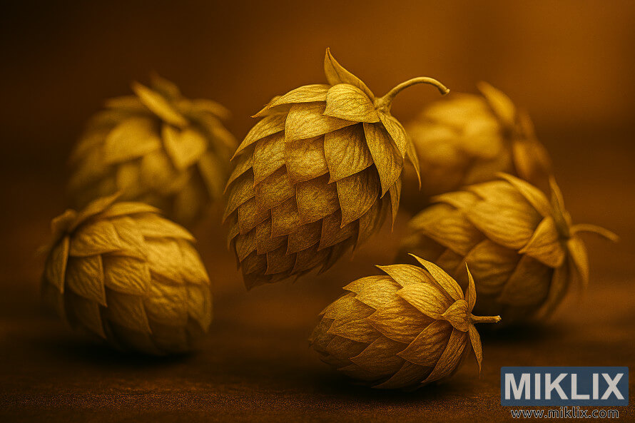 Close-up ng golden-green hop cone sa ilalim ng mainit na studio lighting na may blur na background