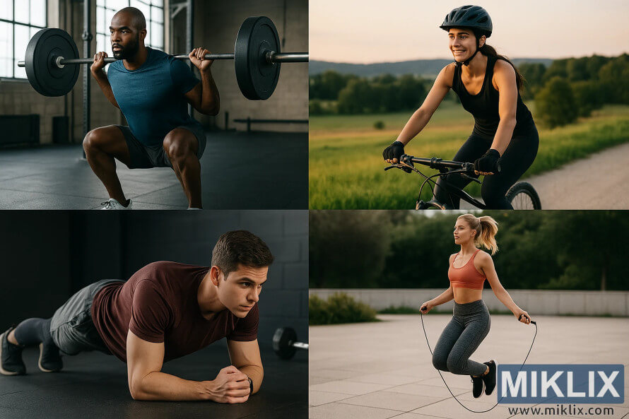 Collage de cuatro tipos de ejercicios: levantamiento de pesas, ciclismo, plancha y saltar la cuerda.