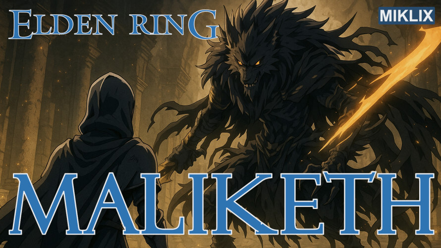 A player in Black Knife armor approaches Maliketh the Black Blade, a towering beastlike figure wielding a glowing blade. A player in Black Knife armor approaches Maliketh the Black Blade, a towering beastlike figure wielding a glowing blade.