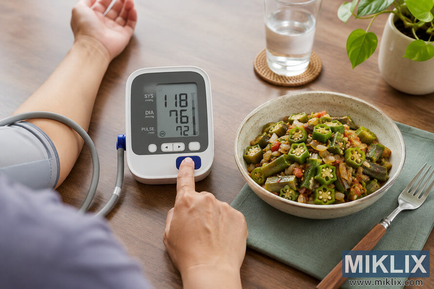 A person measures their blood pressure with an electronic monitor while sitting at a wooden table beside a bowl of cooked okra, a glass of water, and a small green houseplant in a bright, cozy setting. A person measures their blood pressure with an electronic monitor while sitting at a wooden table beside a bowl of cooked okra, a glass of water, and a small green houseplant in a bright, cozy setting.