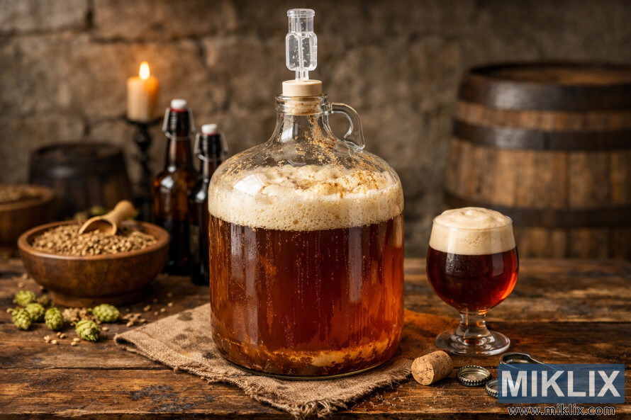 Glass carboy fermenting Belgian abbey ale on a rustic wooden table, with foamy krausen, airlock, hops, barley, bottles, and a chalice of dark amber beer in warm cellar light.