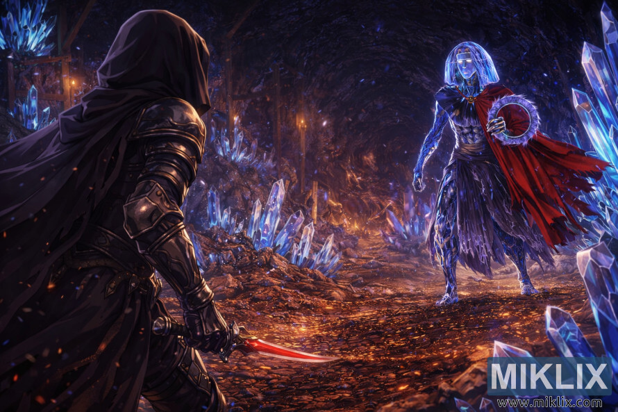 Arte de fÃ£ de Elden Ring em estilo anime, mostrando o Tarnished de costas, vestindo a armadura Black Knife, encarando o chefe Crystalian dentro da caverna de cristal brilhante do TÃºnel de Cristal de Raya Lucaria.