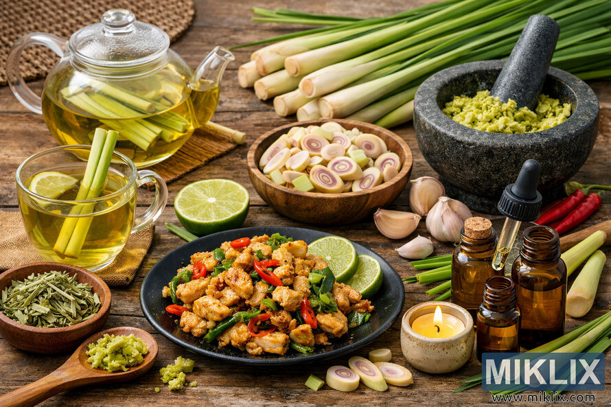 A detailed photo showing lemongrass used in tea, cooking, and essential oil, arranged on a rustic wooden surface with teapot, stir-fried dish, and amber bottles. A detailed photo showing lemongrass used in tea, cooking, and essential oil, arranged on a rustic wooden surface with teapot, stir-fried dish, and amber bottles.
