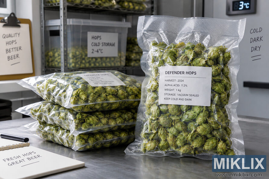 Vacuum-sealed packages of green Defender hops stored on a stainless-steel worktable in a clean, temperature-controlled storage room, with a digital display showing 3°C and signs emphasizing cold, dark, and dry storage conditions. Vacuum-sealed packages of green Defender hops stored on a stainless-steel worktable in a clean, temperature-controlled storage room, with a digital display showing 3°C and signs emphasizing cold, dark, and dry storage conditions.